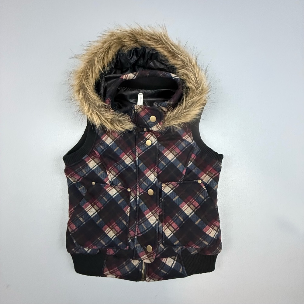 Eska Event‎ Vest Women's Medium Fur Lined Hood Zip Button Front Pockets Plaid